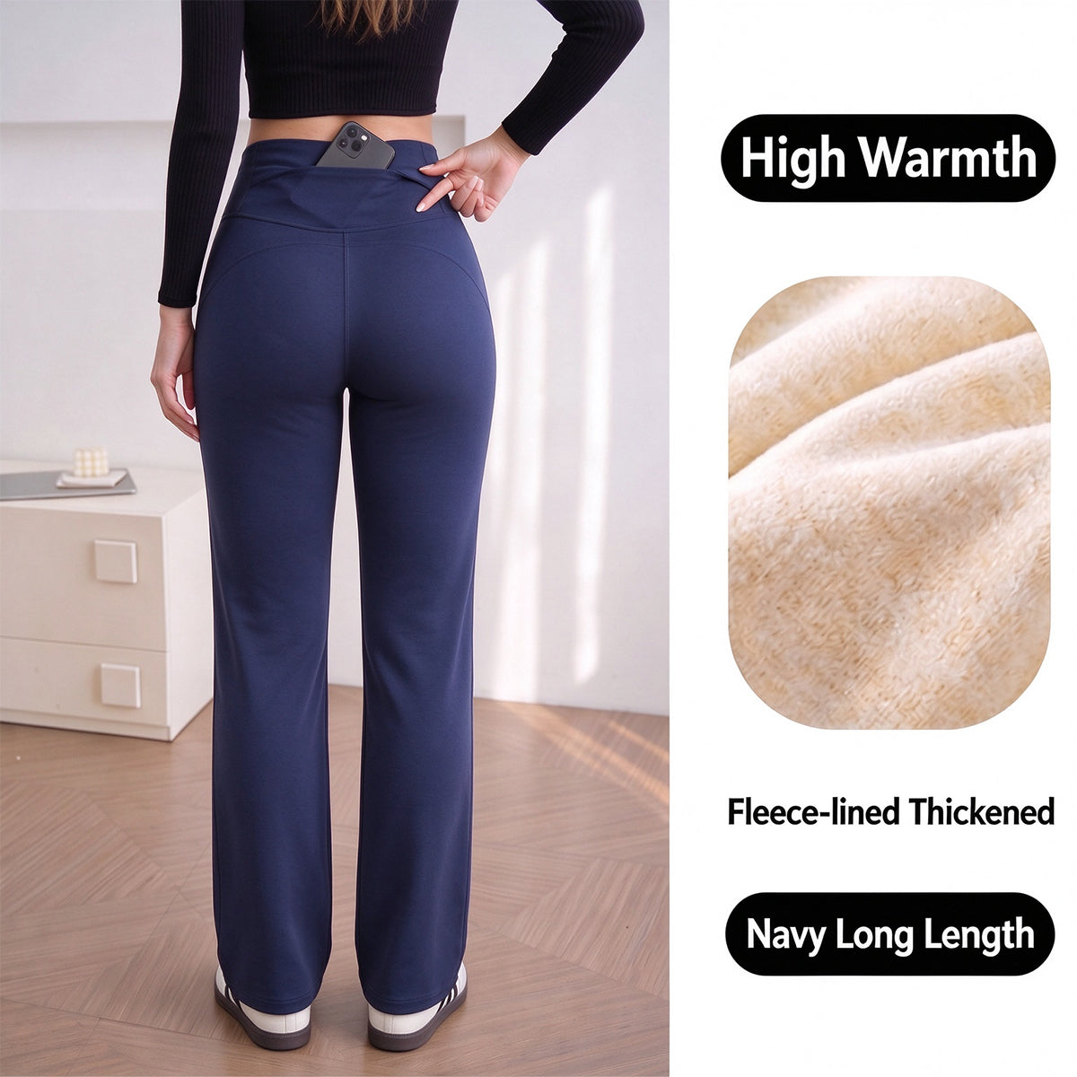 Women's Fleece-Lined Straight-Leg Pants – High-Waisted Thermal Trousers with Hidden Pockets for Winter