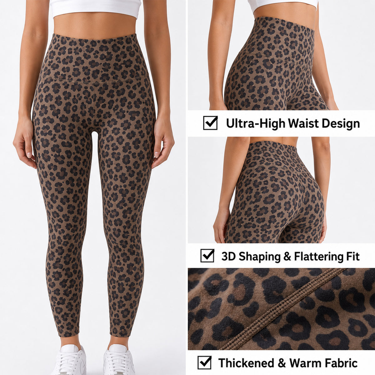 Women’s Leopard Print Fleece-Lined Leggings – No Front Seam High-Waisted Tummy Control Pants