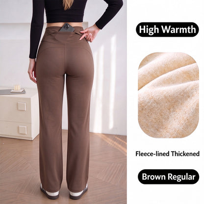 Women's Fleece-Lined Straight-Leg Pants – High-Waisted Thermal Trousers with Hidden Pockets for Winter