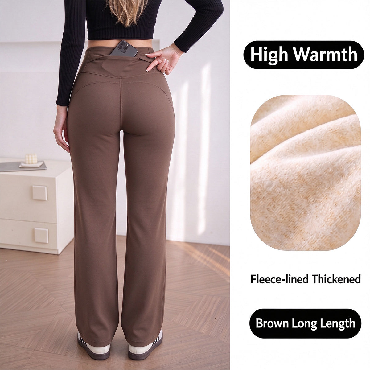 Women's Fleece-Lined Straight-Leg Pants – High-Waisted Thermal Trousers with Hidden Pockets for Winter