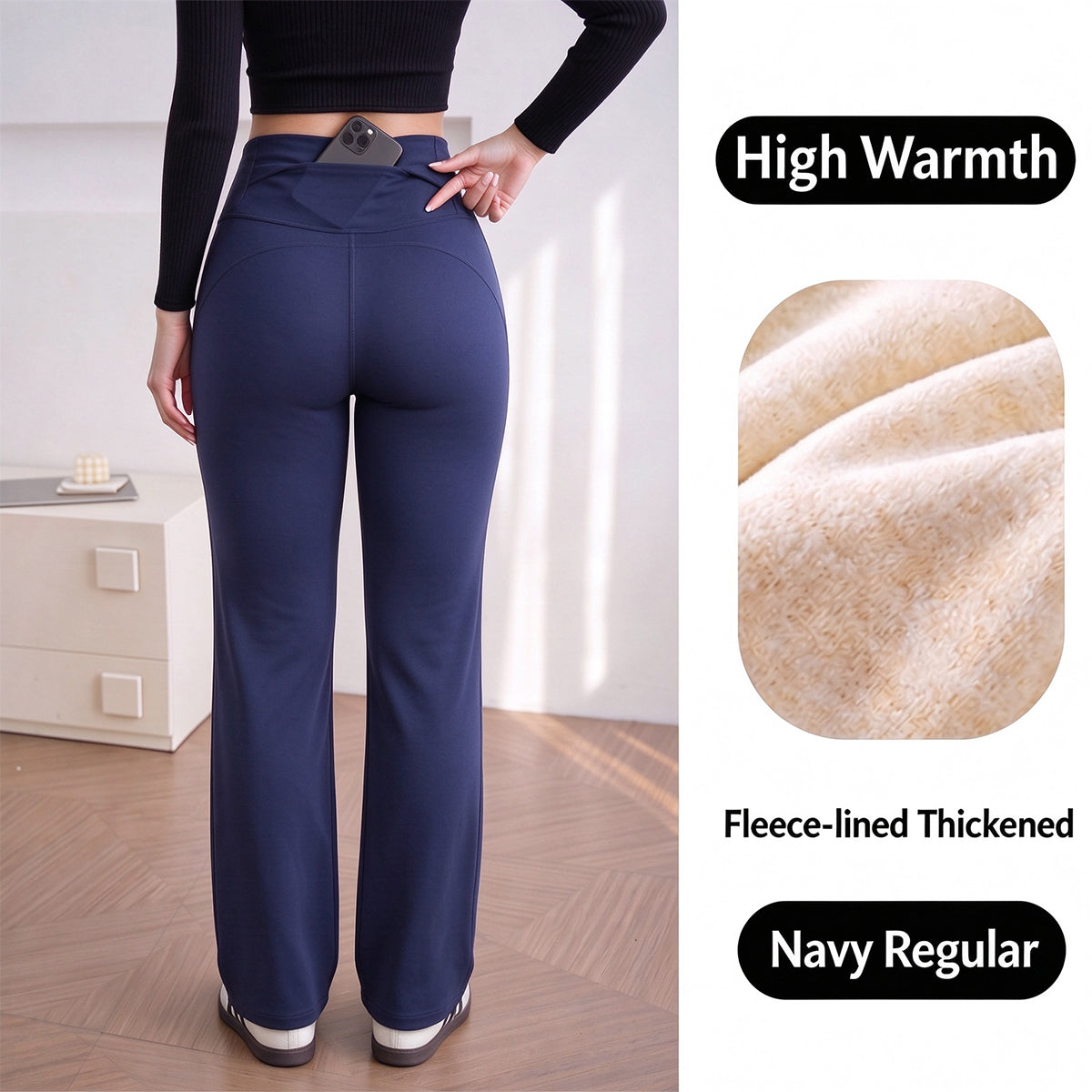 Women's Fleece-Lined Straight-Leg Pants – High-Waisted Thermal Trousers with Hidden Pockets for Winter