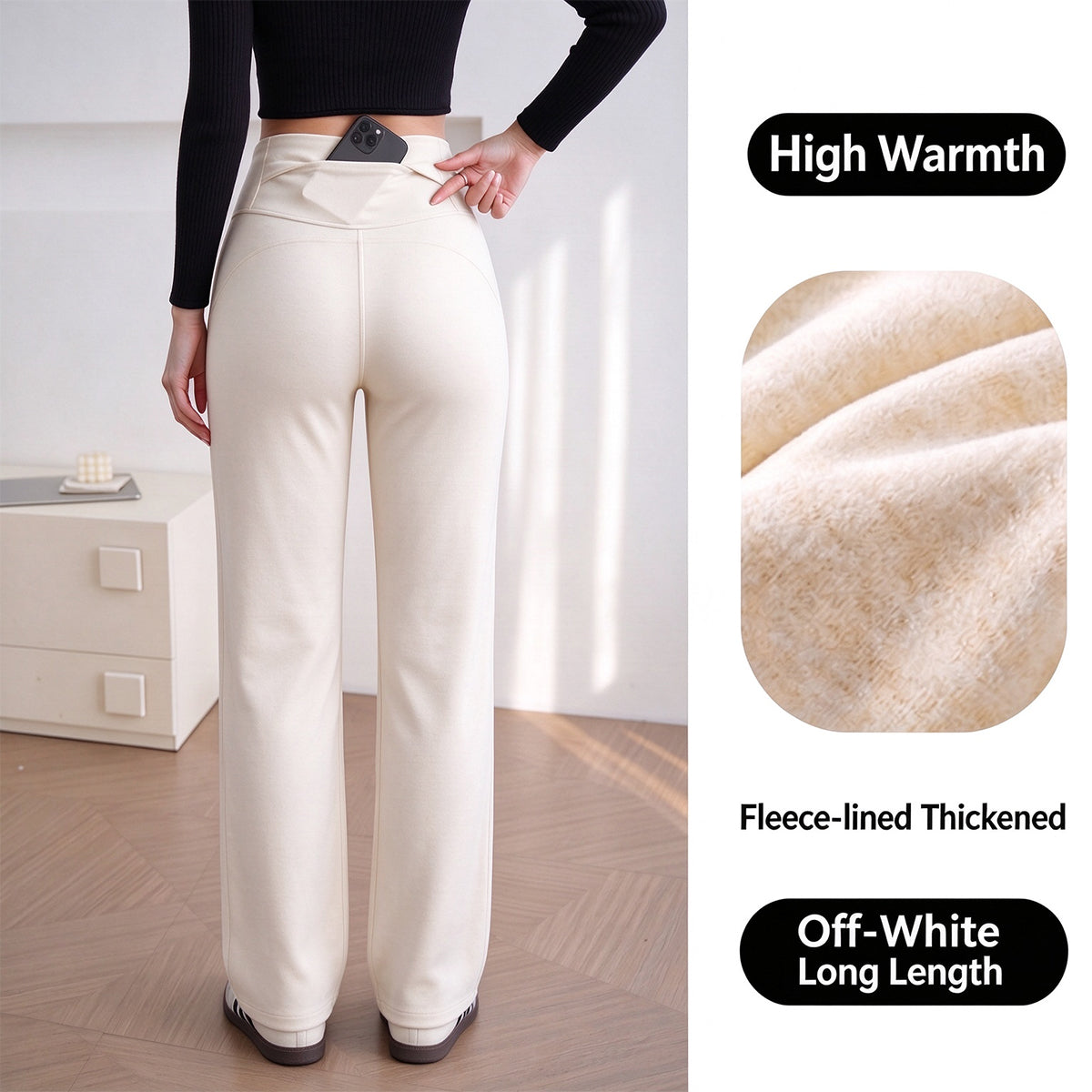Women's Fleece-Lined Straight-Leg Pants – High-Waisted Thermal Trousers with Hidden Pockets for Winter