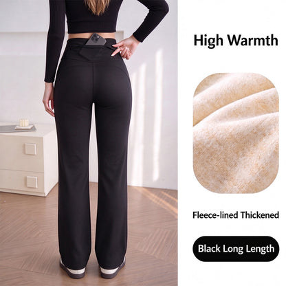 Women's Fleece-Lined Straight-Leg Pants – High-Waisted Thermal Trousers with Hidden Pockets for Winter