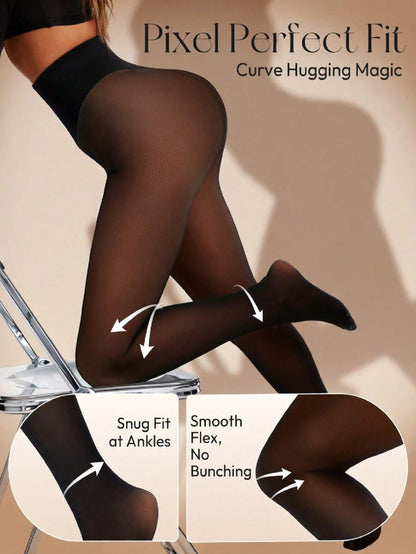 Premium Fleece Lined Sheer Tights – High Waisted Tummy Control Thermal Pantyhose for Women