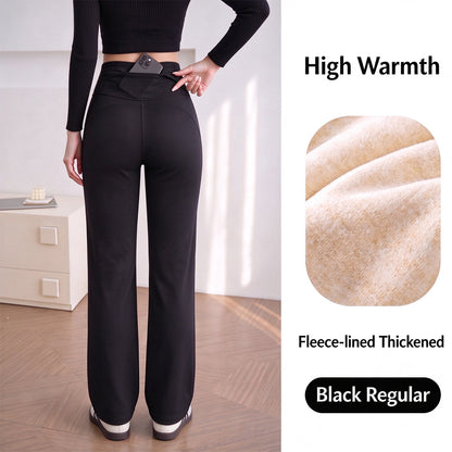 Women's Fleece-Lined Straight-Leg Pants – High-Waisted Thermal Trousers with Hidden Pockets for Winter