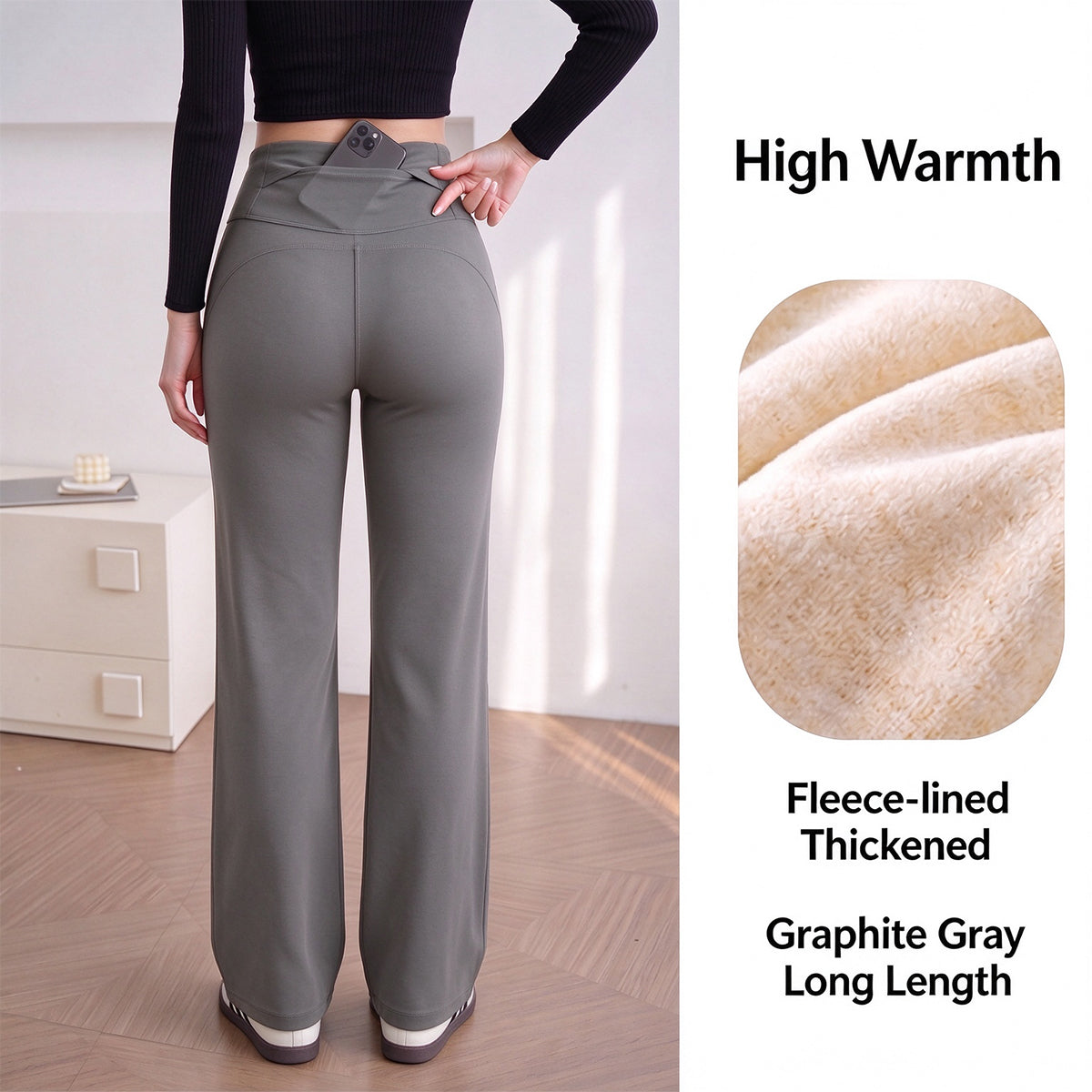 Women's Fleece-Lined Straight-Leg Pants – High-Waisted Thermal Trousers with Hidden Pockets for Winter