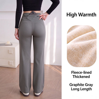 Women's Fleece-Lined Straight-Leg Pants – High-Waisted Thermal Trousers with Hidden Pockets for Winter