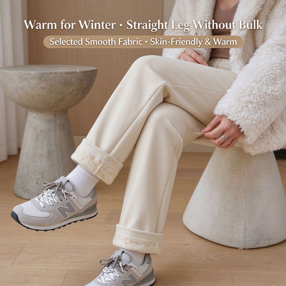 Women's Fleece-Lined Straight-Leg Pants – High-Waisted Thermal Trousers with Hidden Pockets for Winter