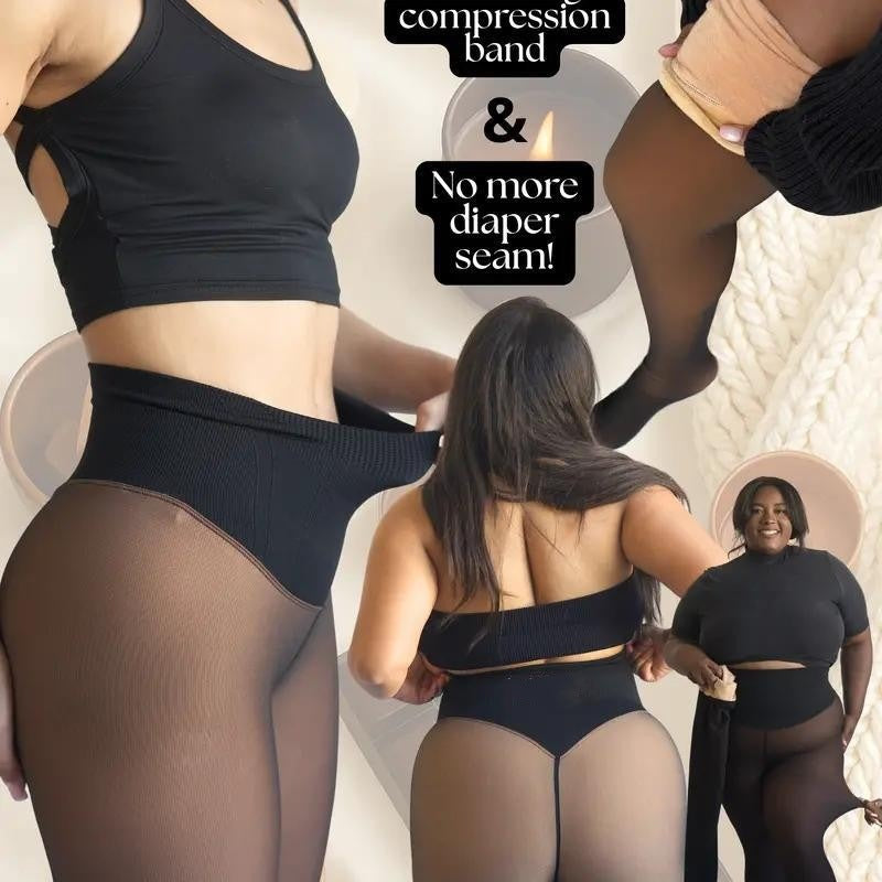 Fleece Lined Sheer Tights – Warm High-Waisted Thermal Pantyhose for Women
