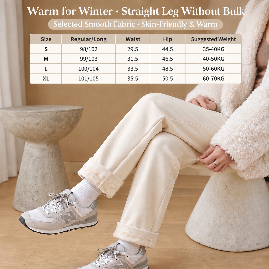 Women's Fleece-Lined Straight-Leg Pants – High-Waisted Thermal Trousers with Hidden Pockets for Winter