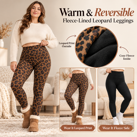 Women's Reversible Leopard Print Fleece-Lined Leggings – High-Waisted Warm Stretch Pants for Fall & Winter