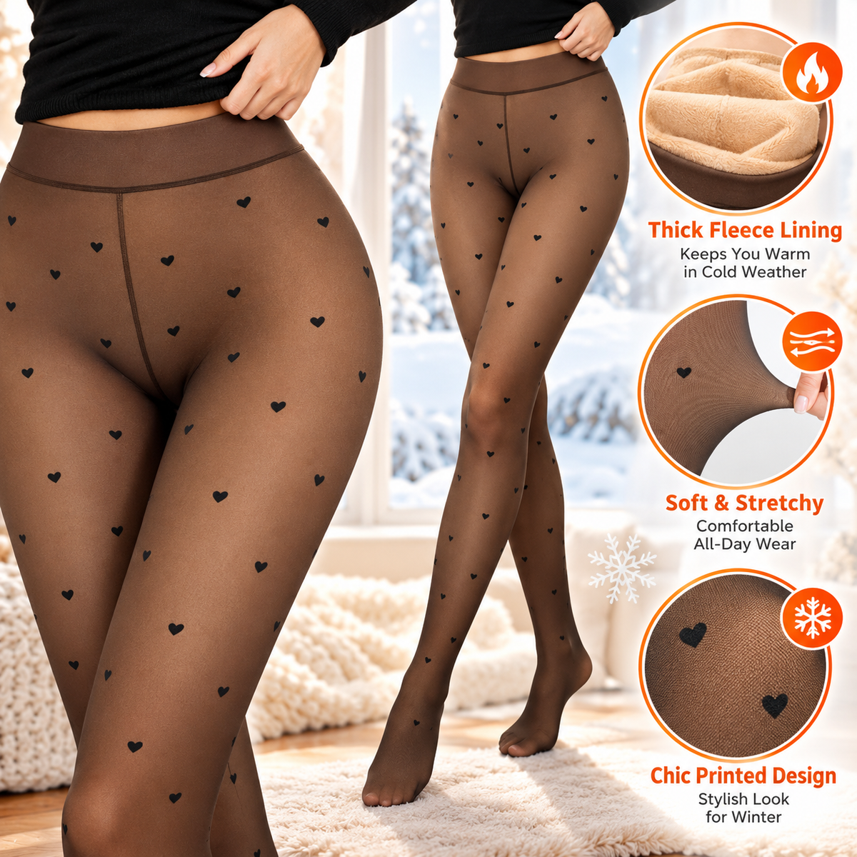 Women's Fleece-Lined Faux Sheer Tights – Thick Thermal Winter Pantyhose with Printed Design